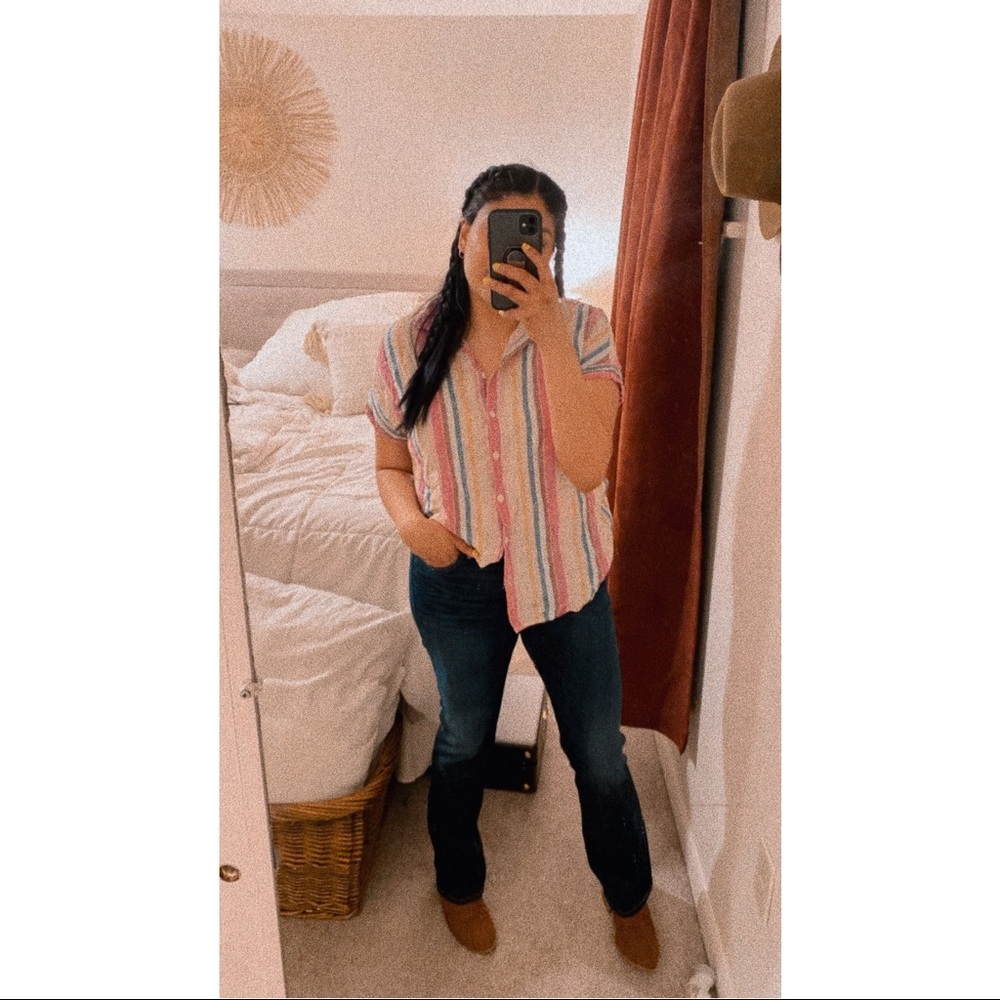 Beach Lunch Lounge Button Down Shirt Short Sleeves Pink Orange